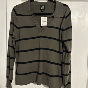 Bobeau Olive Green Fitted Ribbed Polo Blouse